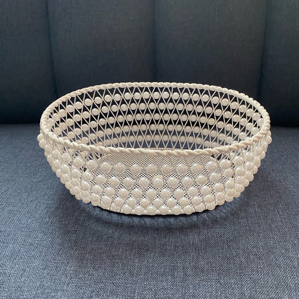 Beautiful white beaded oval wire basket